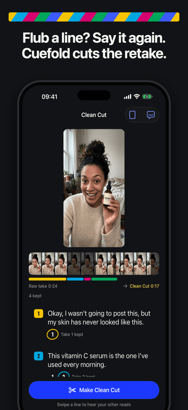 iPhone: Clean Cut keeps the good take (AI-generated demo creator)